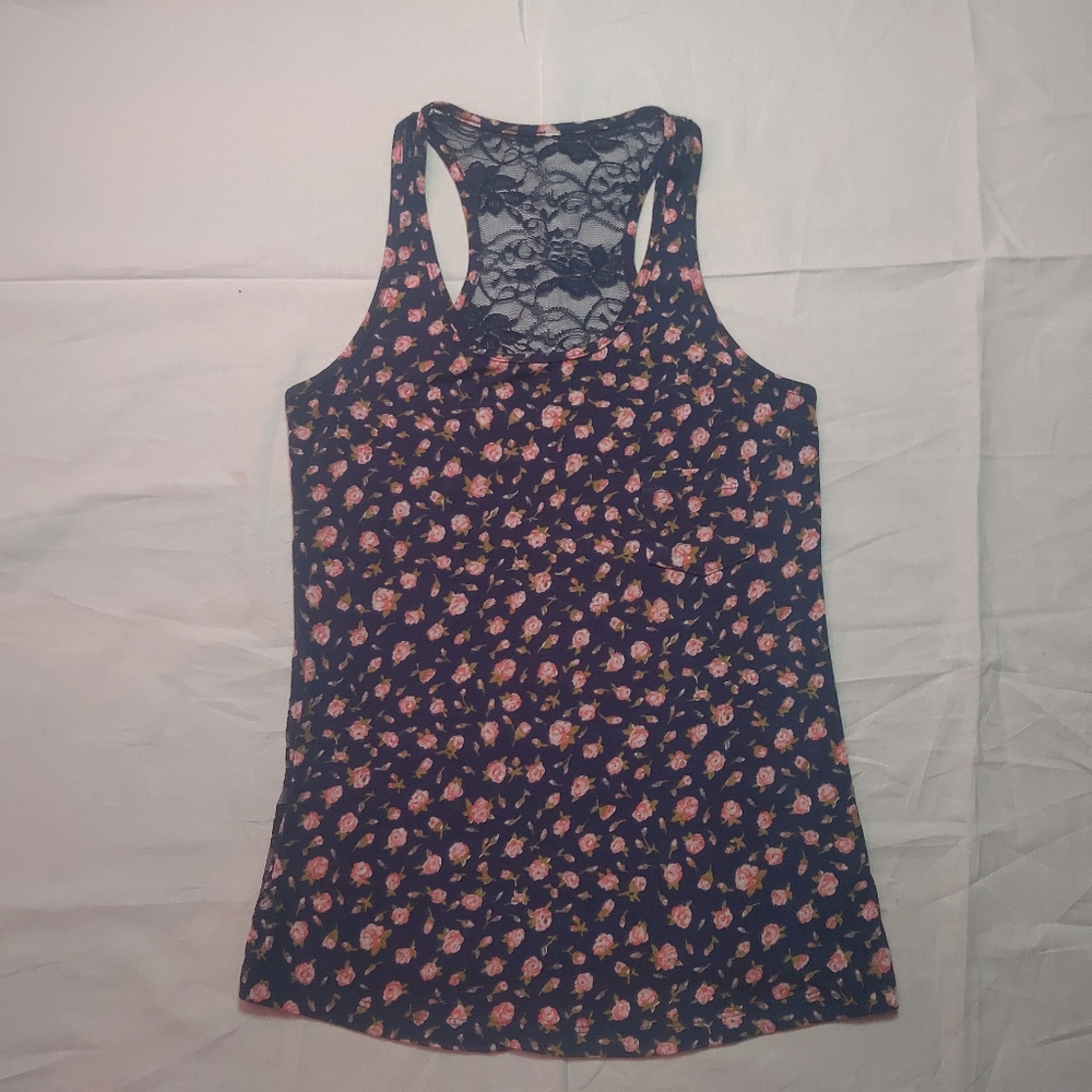 Unbranded Tank Top Women's Small Blue Lace Back Sleeveless Round Neck Shirt